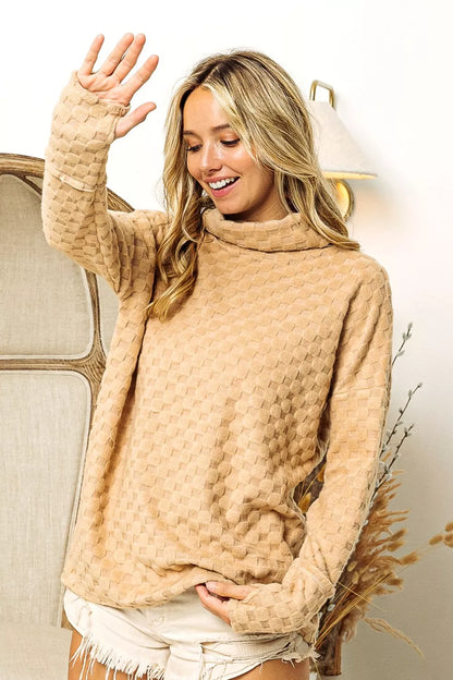 Trendsi BiBi Checkered Round Neck Thumbhole Long Sleeve Top TAUPE