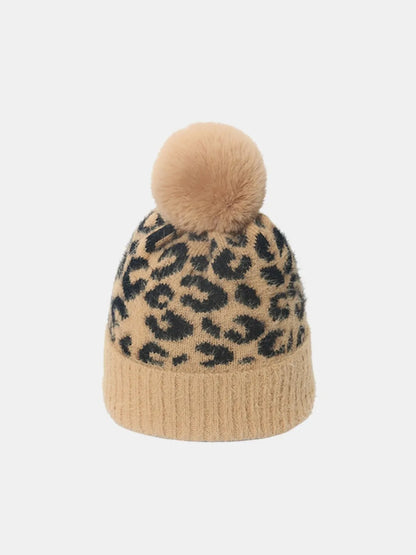 Leopard Hat with Pompom Camel One Size Easy Apparels
