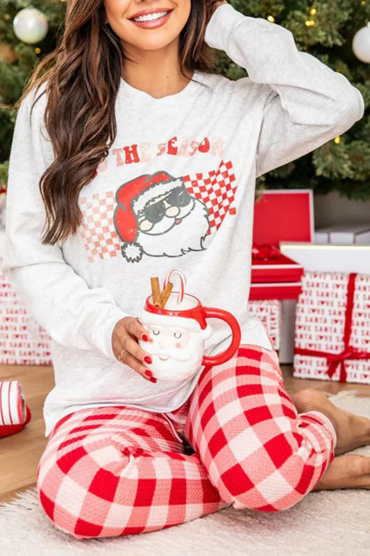 ITS THE SEASON Round Neck Top and Plaid Pants Lounge Set White Easy Apparels