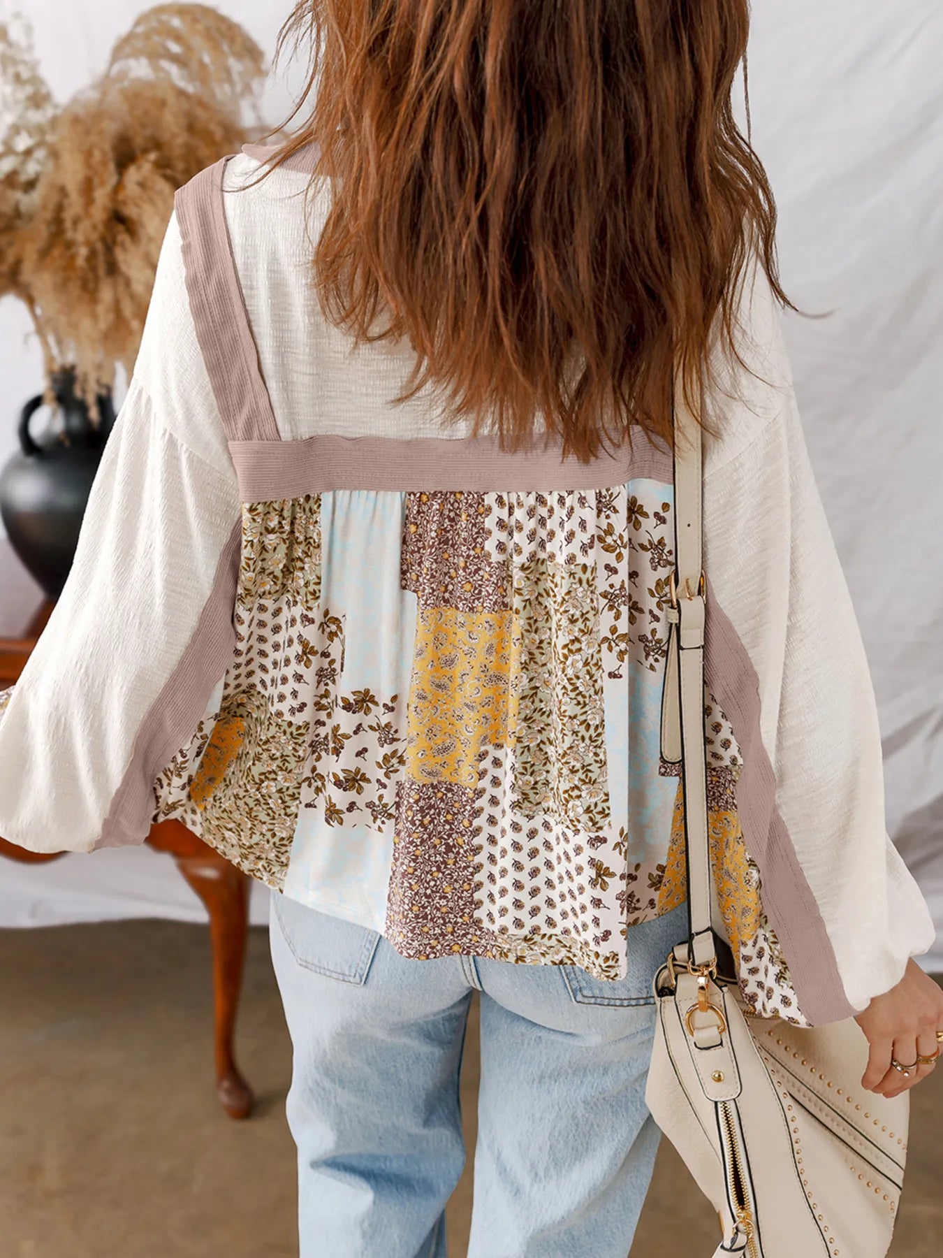 Trendsi Floral Printed Contrast Patchwork Long Sleeve Top