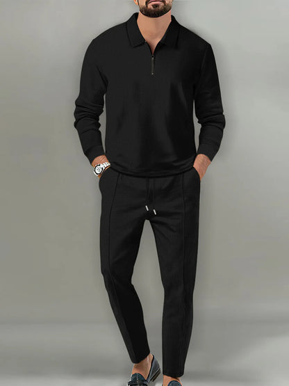 Men's Full Size Long Sleeve Top and Pants Set Plus Size Black Easy Apparels