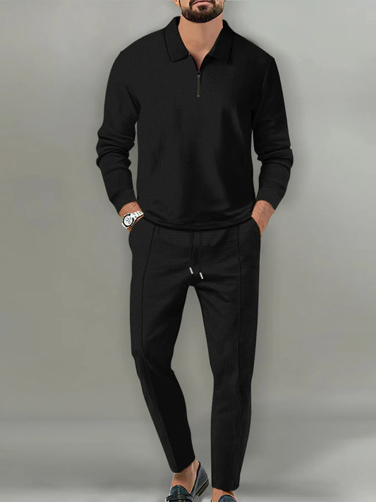 Men's Full Size Long Sleeve Top and Pants Set Plus Size Black Easy Apparels