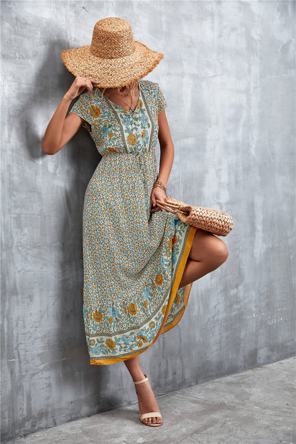 Trendsi V-Neck Short Sleeve Printed Maxi Dress