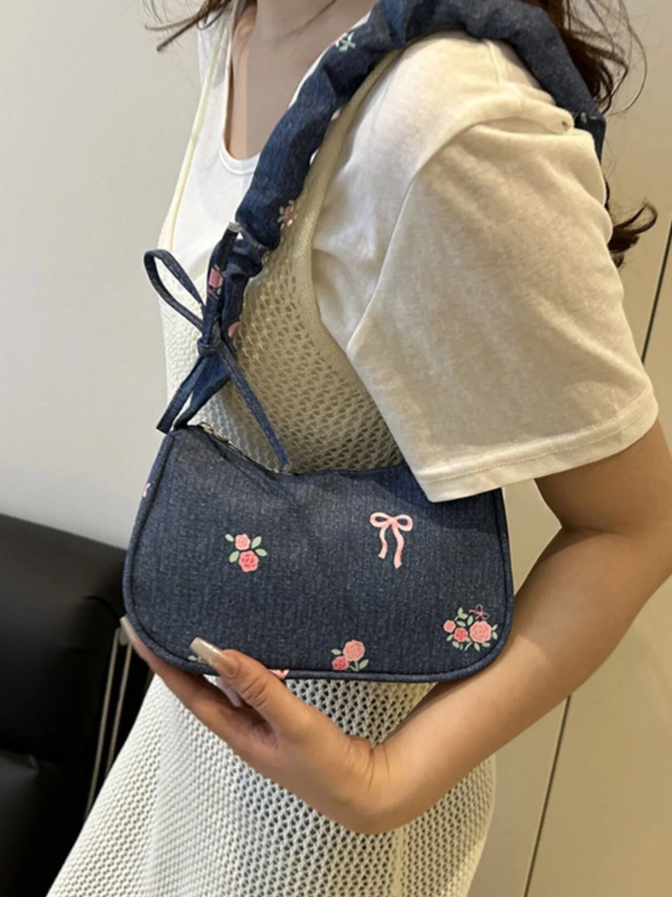Embroidered Ruched Strap Shoulder Bag Easy Apparels