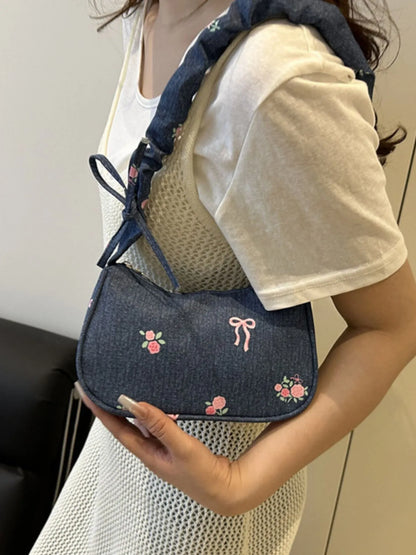 Embroidered Ruched Strap Shoulder Bag Easy Apparels