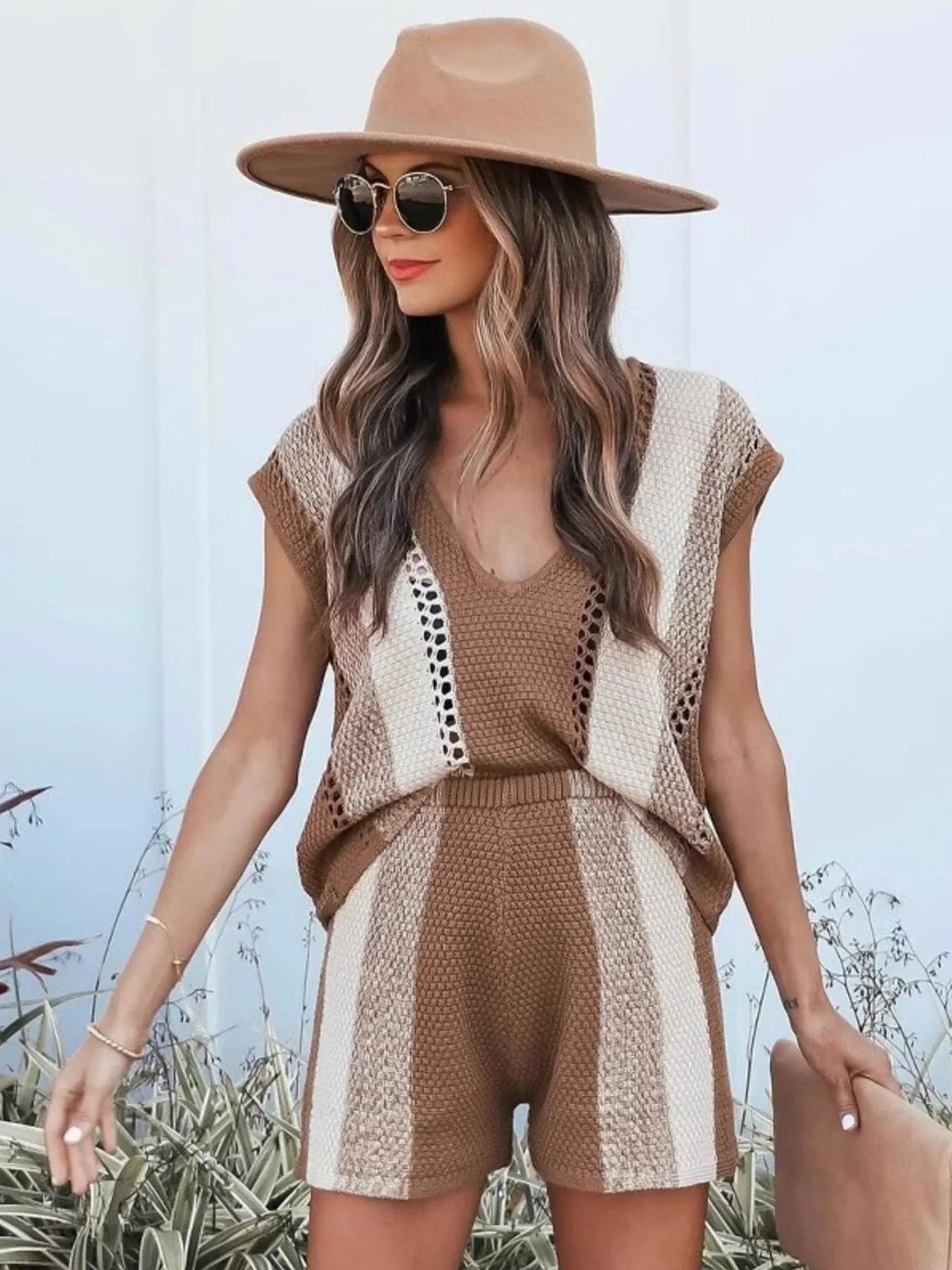 Openwork Color Block V-Neck Top and Shorts Sweater Set Easy Apparels