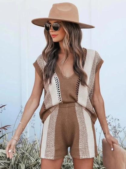 Openwork Color Block V-Neck Top and Shorts Sweater Set Easy Apparels
