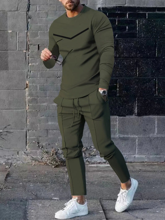 Men's Plus Size Round Neck Long Sleeve Top and Pants Set Army Green Easy Apparels