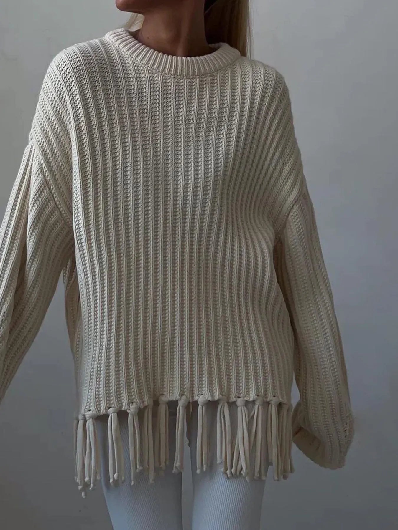 Trendsi Fringe Round Neck Long Sleeve Sweater Beige