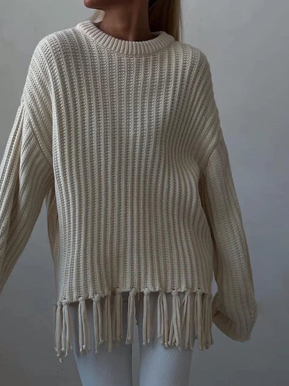 Trendsi Fringe Round Neck Long Sleeve Sweater Beige