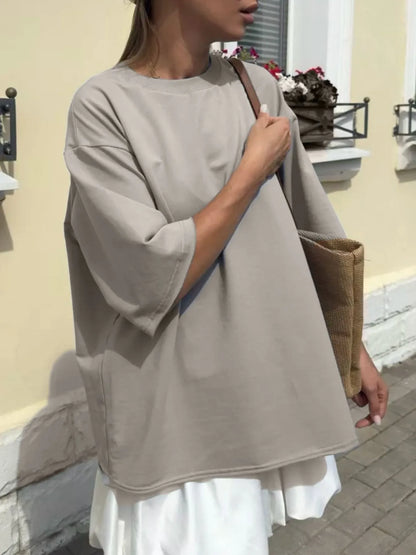 Trendsi Round Neck Half Sleeve Oversized T-Shirt Light Gray