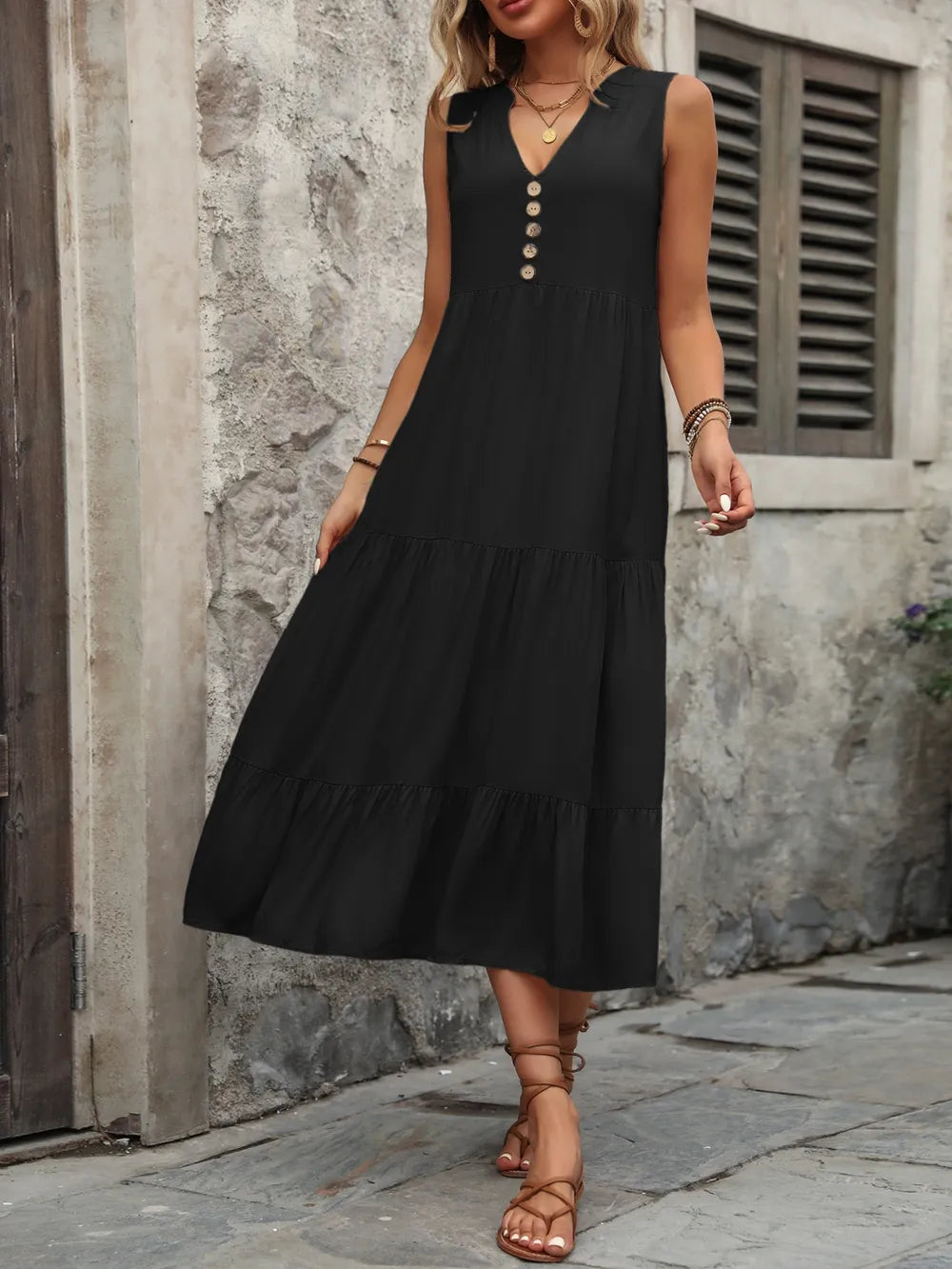 Ivy Lane Decorative Button Notched Sleeveless Dress Easy Apparels