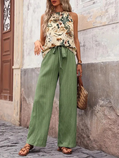 Printed Tank Top and Wide Leg Pants Set Easy Apparels