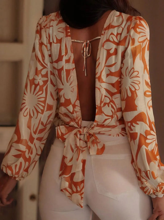 Trendsi Printed Tie Back Balloon Sleeve Blouse Floral
