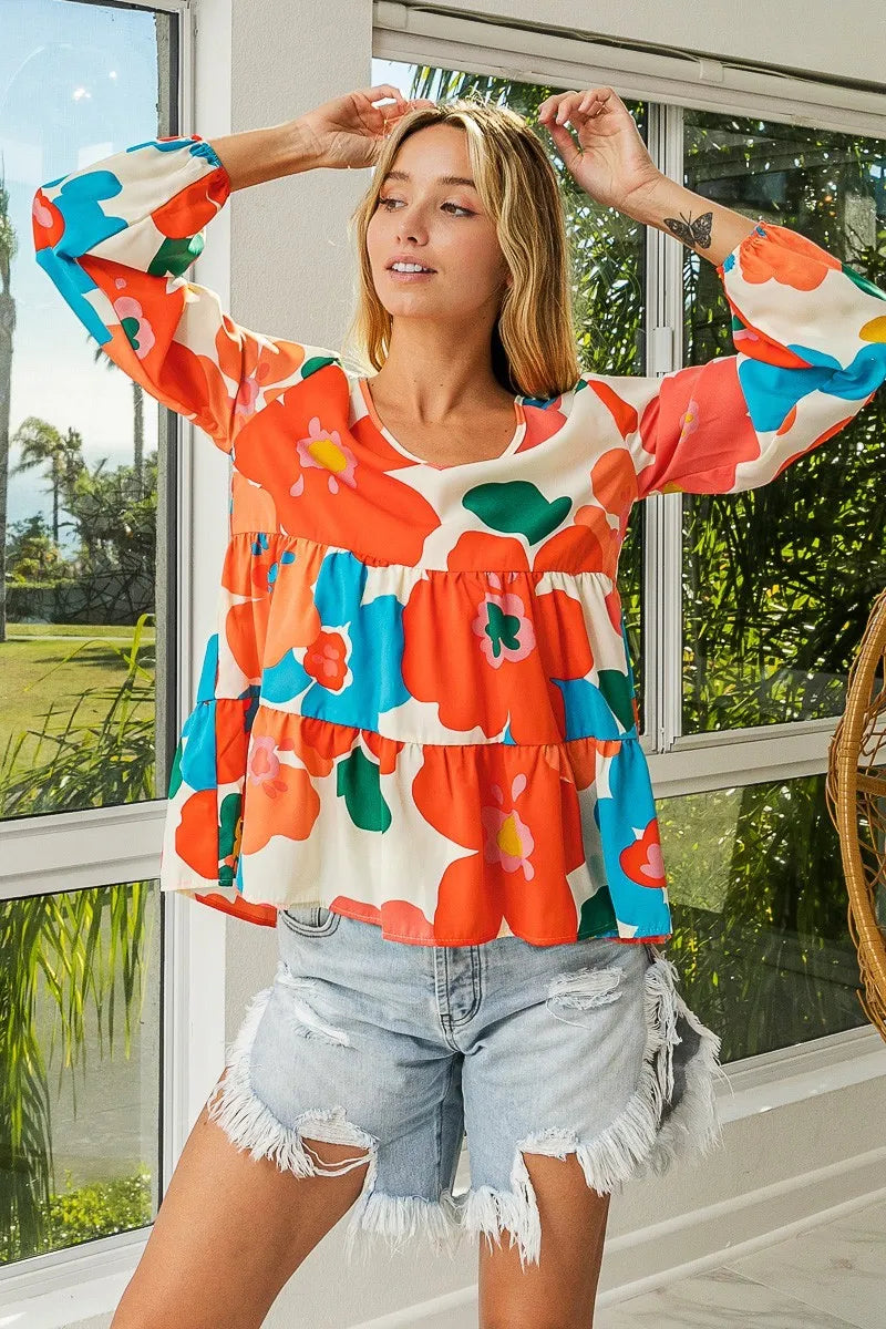 Trendsi BiBi Floral Woven Tiered V Neck Top