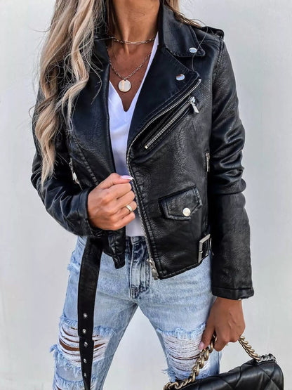 Full Size Zip Up Leather Motorcycle Biker Jacket Plus Size Easy Apparels
