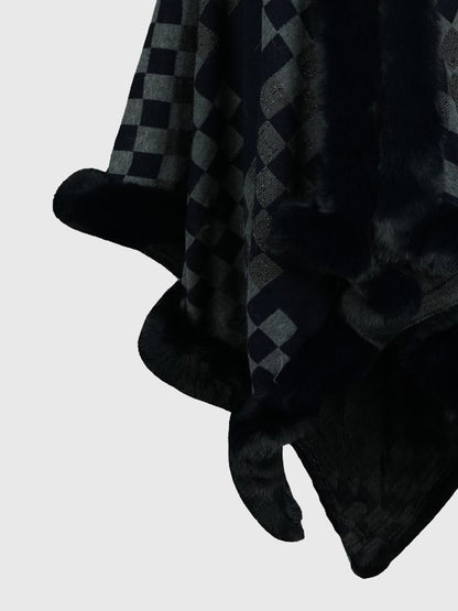 Checkered Faux Fur Trim Poncho Easy Apparels