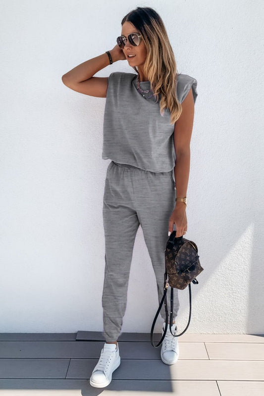 Padded Shoulder Top and Joggers Lounge Set Mid Gray Easy Apparels