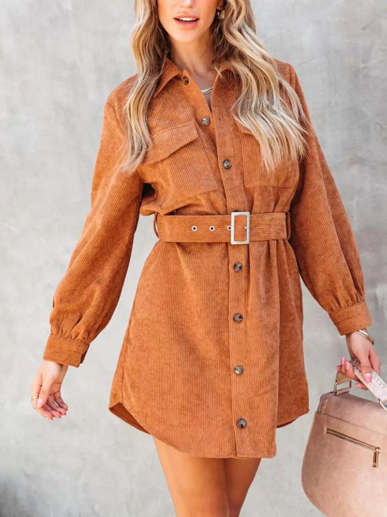 Button Front Belt Long Sleeve Corduroy Dress Easy Apparels
