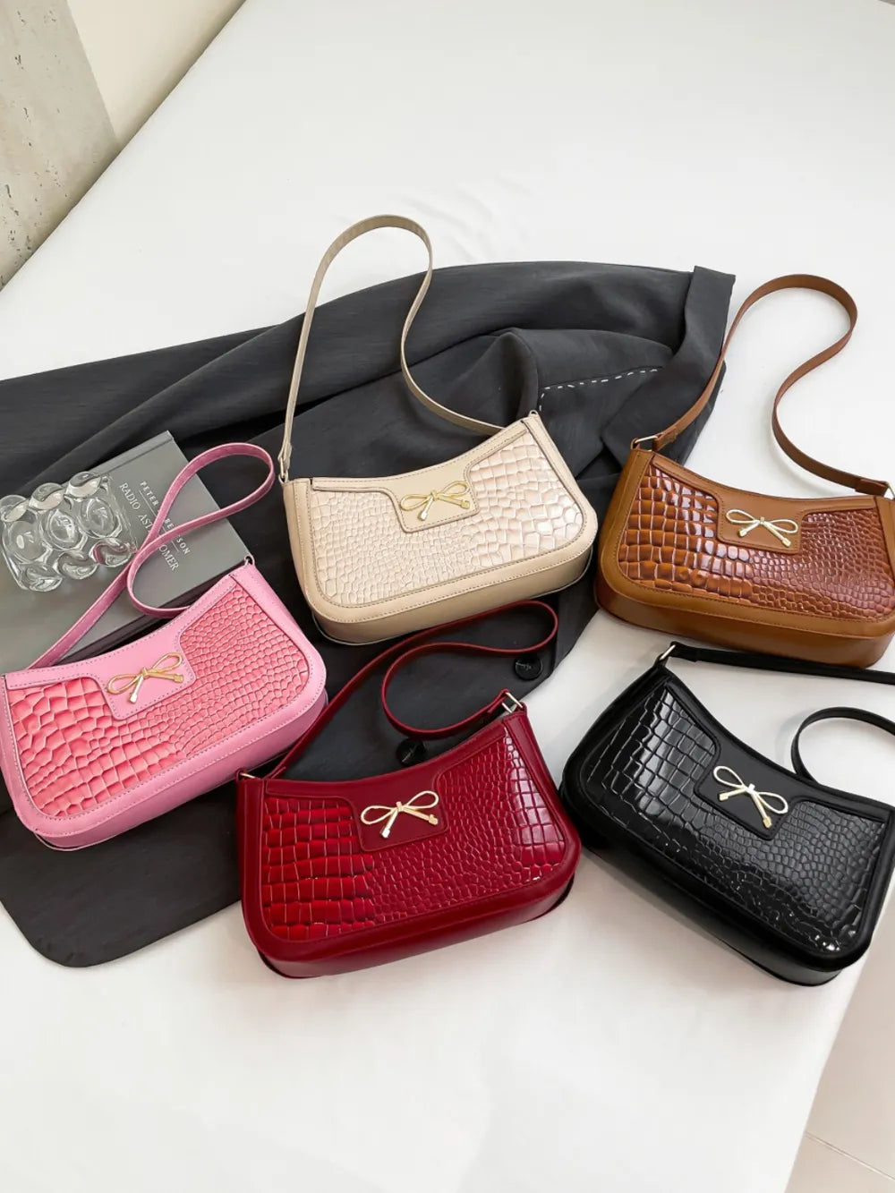 Crocodile Pattern Shoulder Bag with Bow Detail Easy Apparels