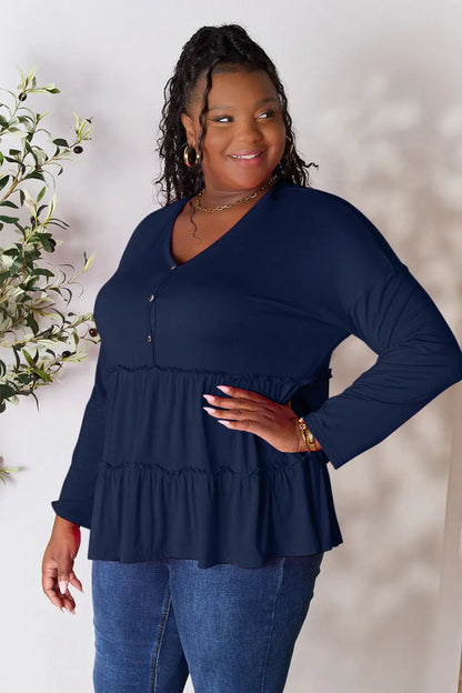 Trendsi Double Take Half Button Long Sleeve Ruffle Hem Blouse