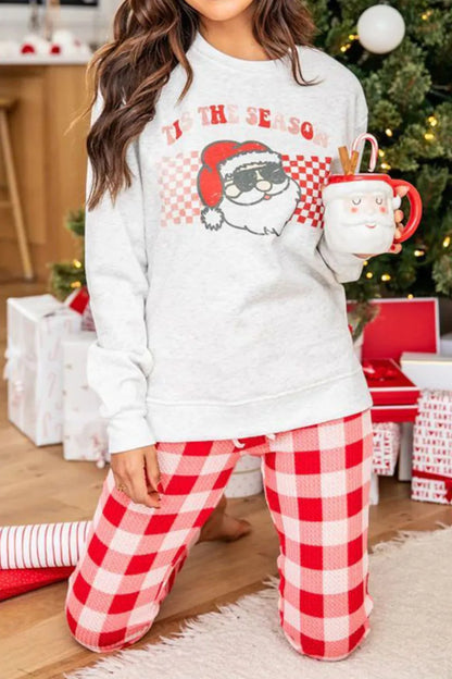 ITS THE SEASON Round Neck Top and Plaid Pants Lounge Set Easy Apparels