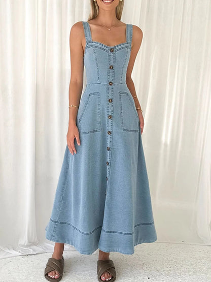 Wide Strap Sweetheart Neck Denim Dress Easy Apparels