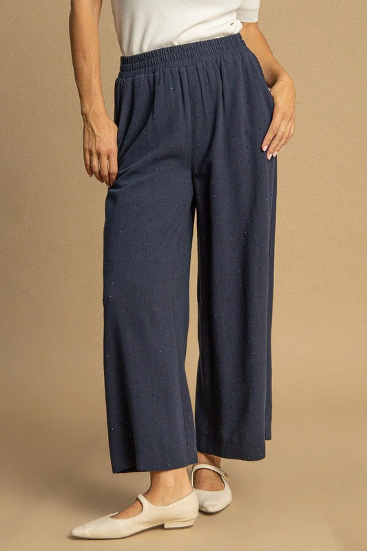 Umgee Full Size High Waisted Embellished Linen Pants Plus Size Dark Blue Easy Apparels