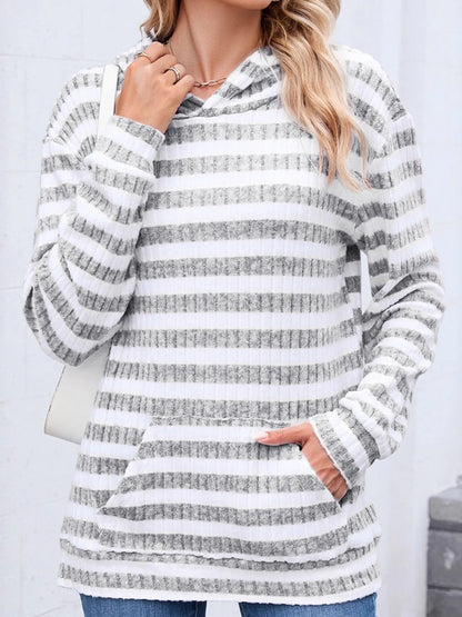 Trendsi Striped Ribbed Knit Hoodie with Kangaroo Pocket