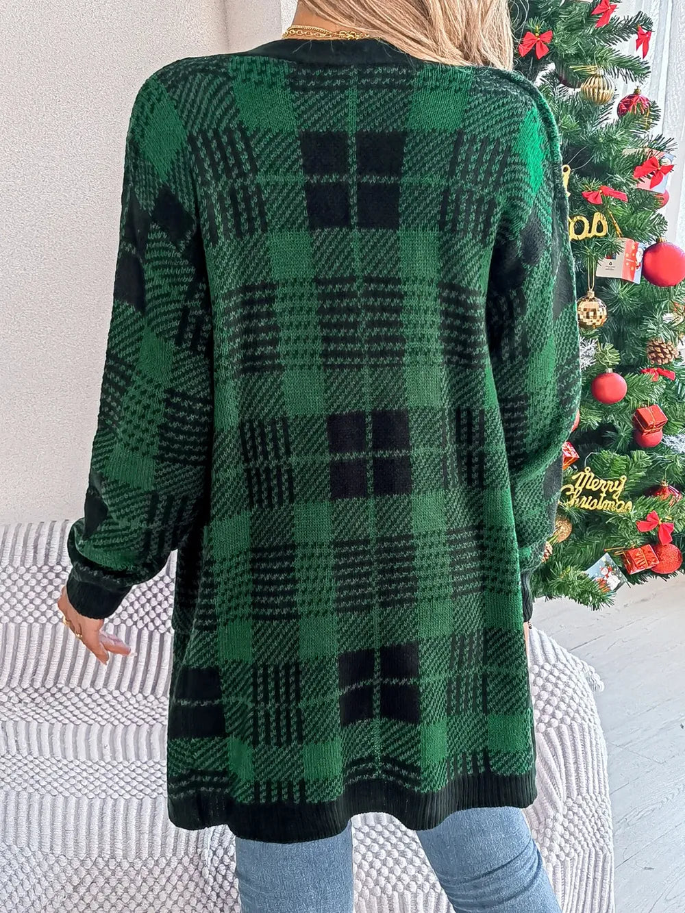 Plaid Open Front Long Sleeve Cardigan Easy Apparels