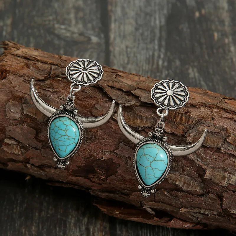 Artificial Turquoise Alloy Cow Head Earrings Easy Apparels
