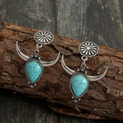 Artificial Turquoise Alloy Cow Head Earrings Easy Apparels