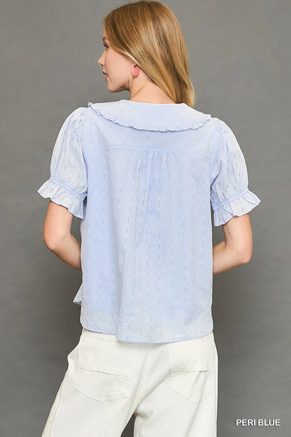 Trendsi Umgee Peter Pan Collared Button Down Textured Shirt with Ruffled Detail