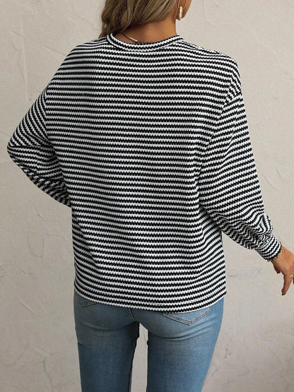 Trendsi Striped Round Neck Lantern Sleeve Top