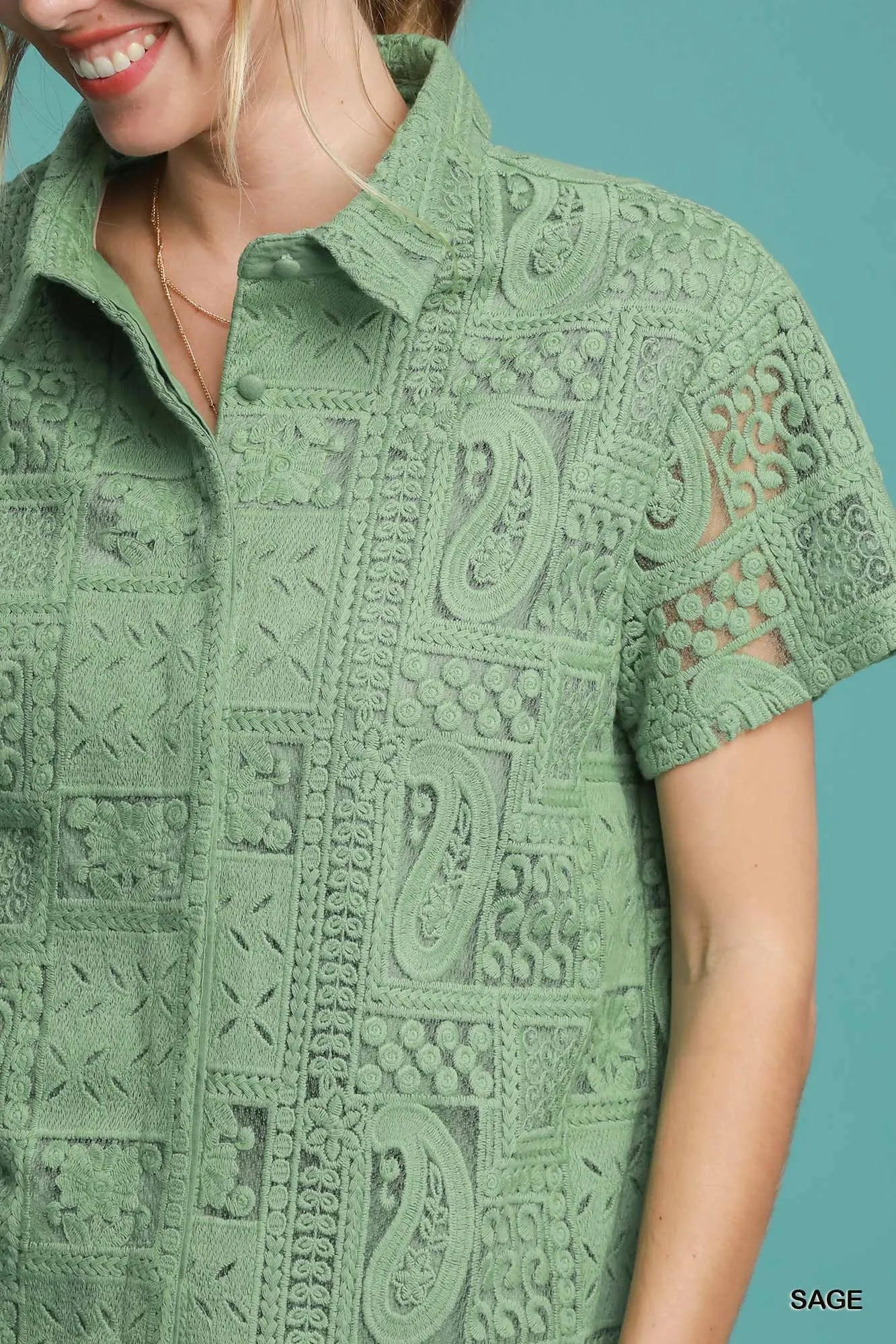 Trendsi Umgee Patch Lace Short Sleeve Button Down Shirt