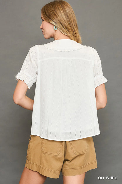 Trendsi Umgee Peter Pan Collared Button Down Textured Shirt with Ruffled Deatil