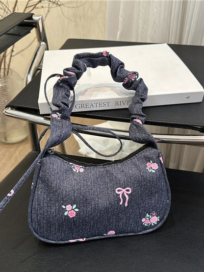 Embroidered Ruched Strap Shoulder Bag Dark Blue One Size Easy Apparels