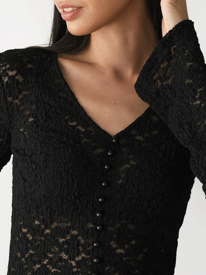 Trendsi Lace V-Neck Flare Sleeve T-Shirt