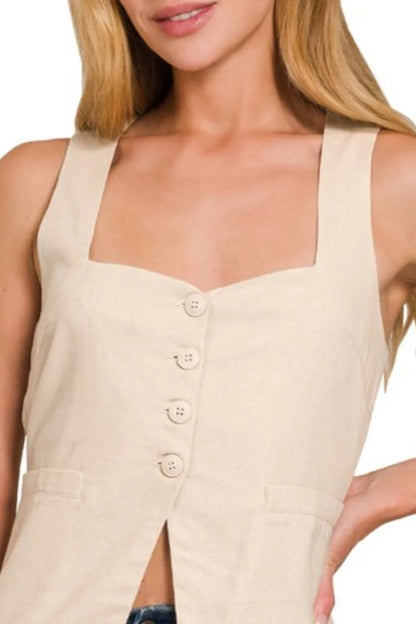 Zenana Linen Tie-back 4-button Vest with Lining Easy Apparels