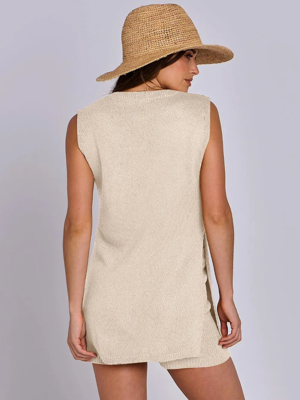Side Slit Round Neck Tank and Ribbed Shorts Sweater Set Easy Apparels