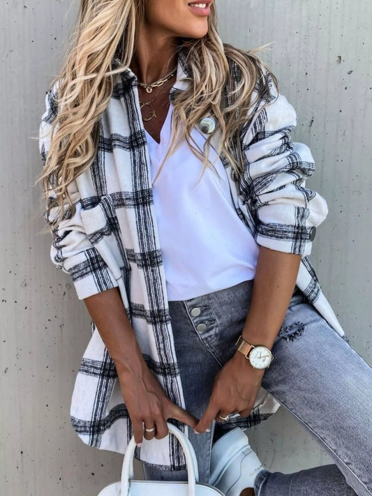 Oversized Plaid Button-Up Longline Shirt White Easy Apparels