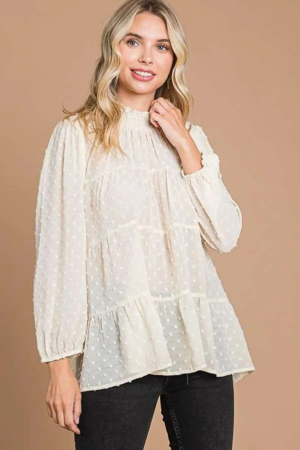 Trendsi Culture Code Full Size Swiss Dot Smocked Mock Neck Blouse Plus Size