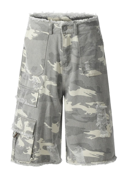 Men's Camouflage Denim Shorts with Raw Hem Camouflage Color Easy Apparels