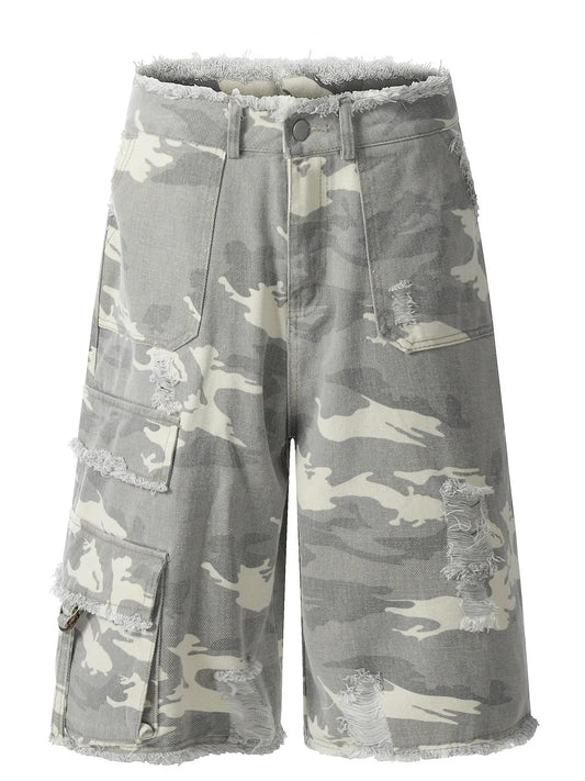 Men's Camouflage Denim Shorts with Raw Hem Camouflage Color Easy Apparels