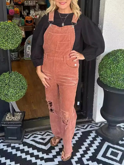 Distressed Wide Leg Corduroy Overalls Orange Easy Apparels