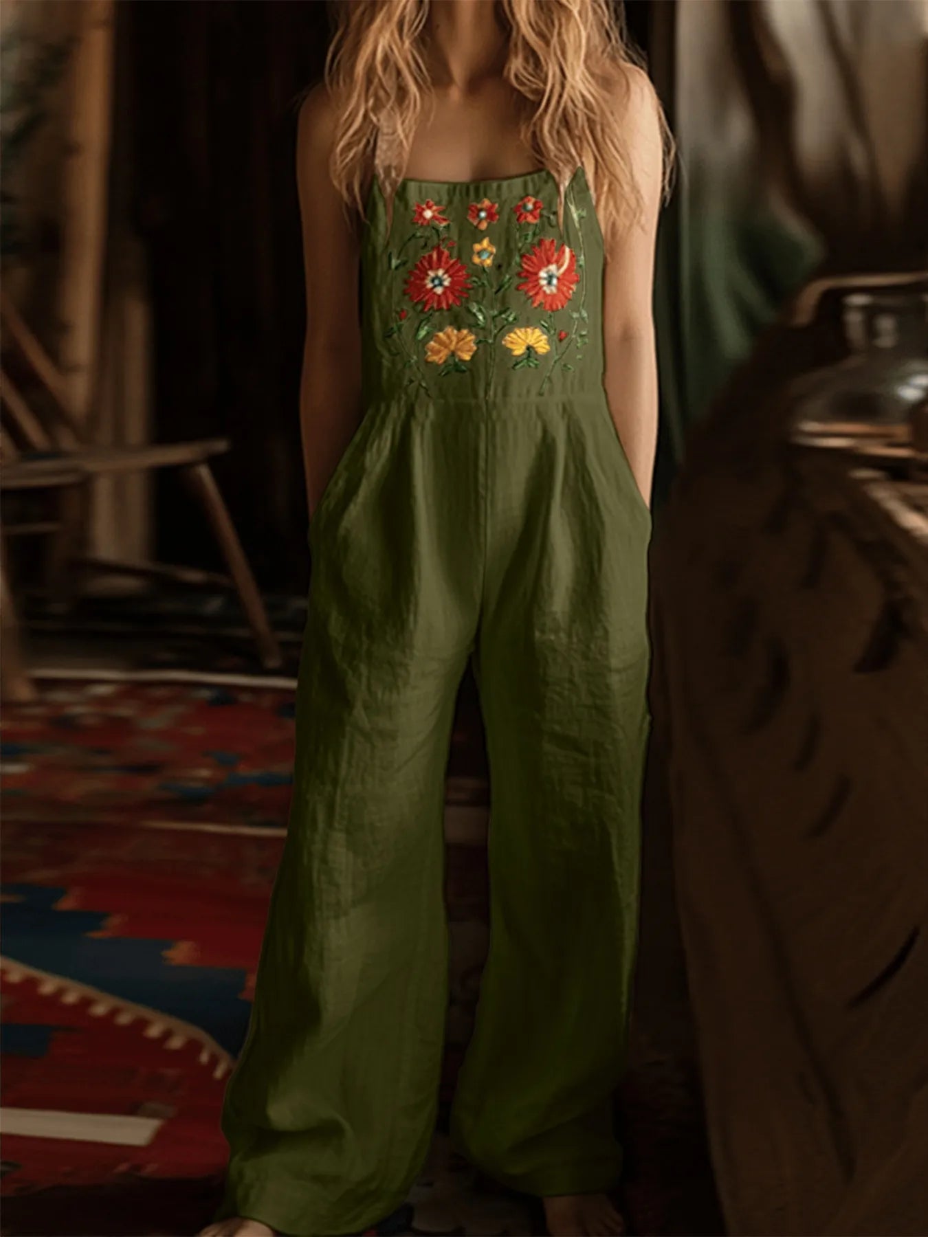 Floral Embroidered Wide Leg Jumpsuit Easy Apparels