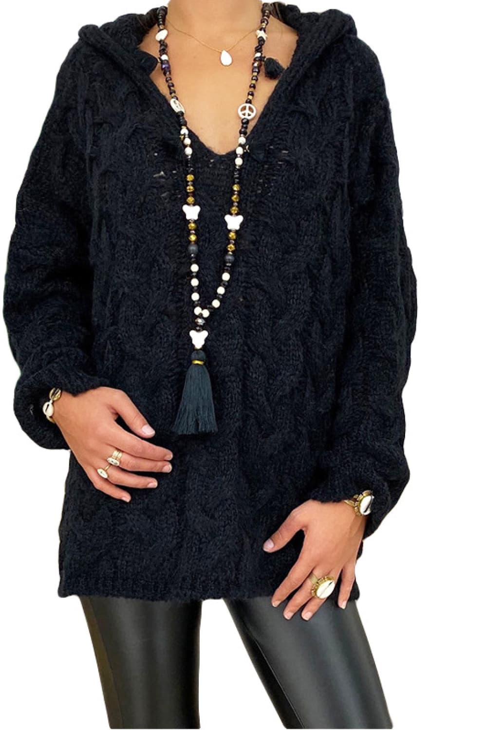 Cable-Knit Hooded Sweater Black Easy Apparels