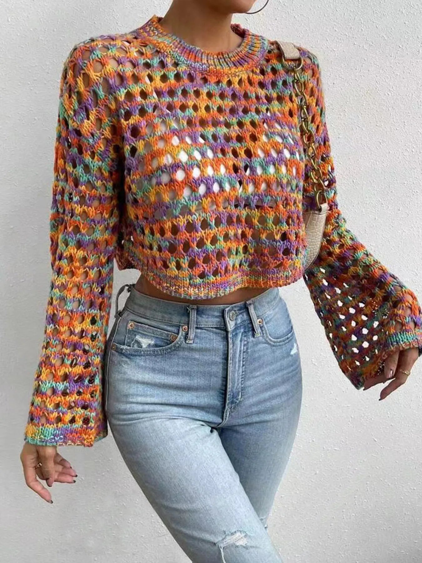 Trendsi Rainbow Crochet Hollow Out Cropped Sweater Multicolor