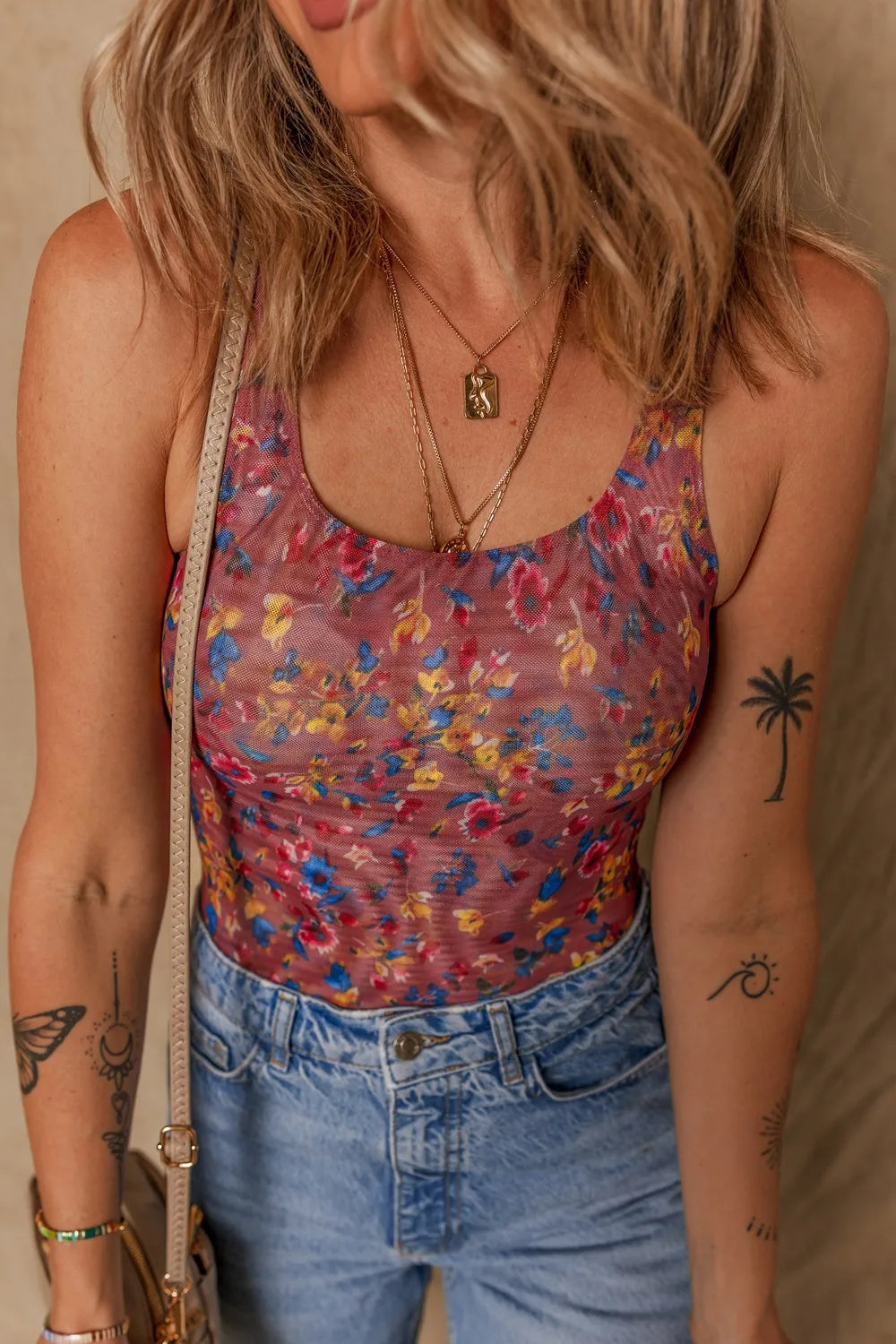 Trendsi Floral Mesh Scoop Neck Wide Strap Bodysuit