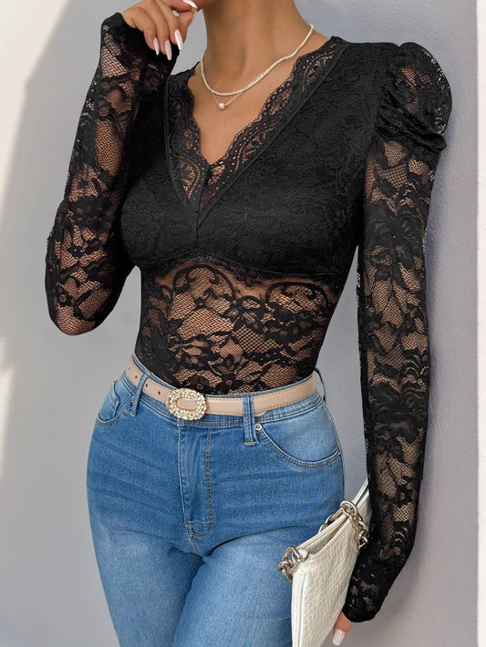 Trendsi Perfee Lace V-Neck Long Sleeve Bodysuit Black